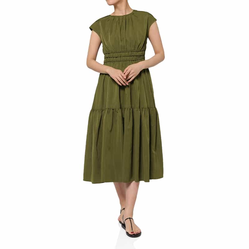 BARNEYS NEW YORK ウォッシャブル フレンチスリーブギャザードレス KHAKI