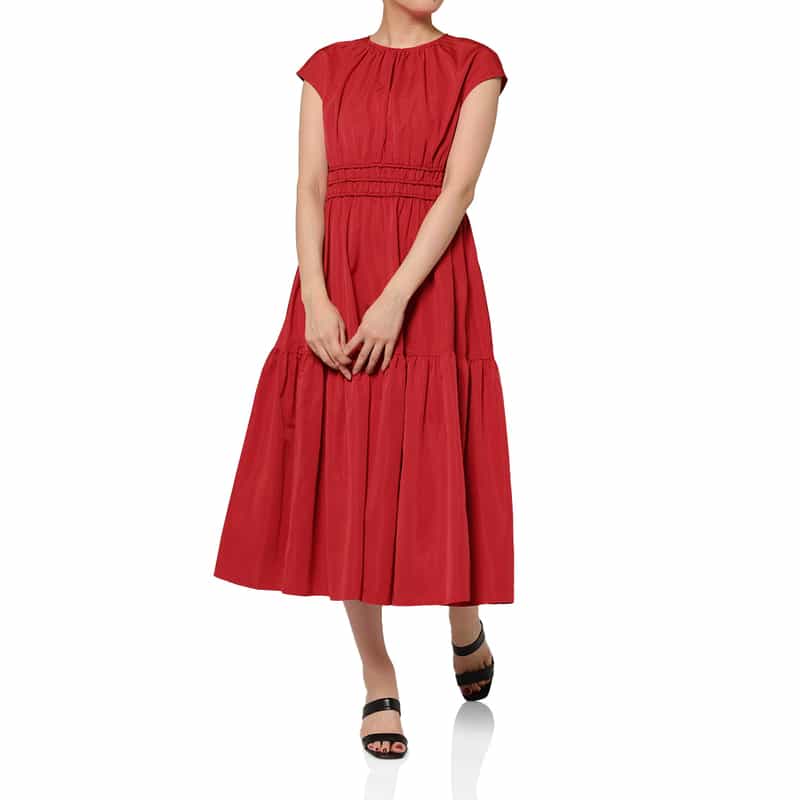 BARNEYS NEW YORK ウォッシャブル フレンチスリーブギャザードレス RED