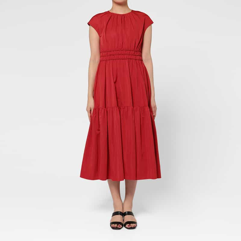 BARNEYS NEW YORK ウォッシャブル フレンチスリーブギャザードレス RED