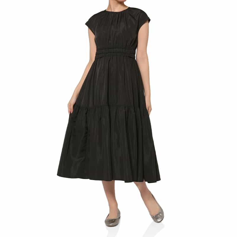 BARNEYS NEW YORK ウォッシャブル フレンチスリーブギャザードレス BLACK