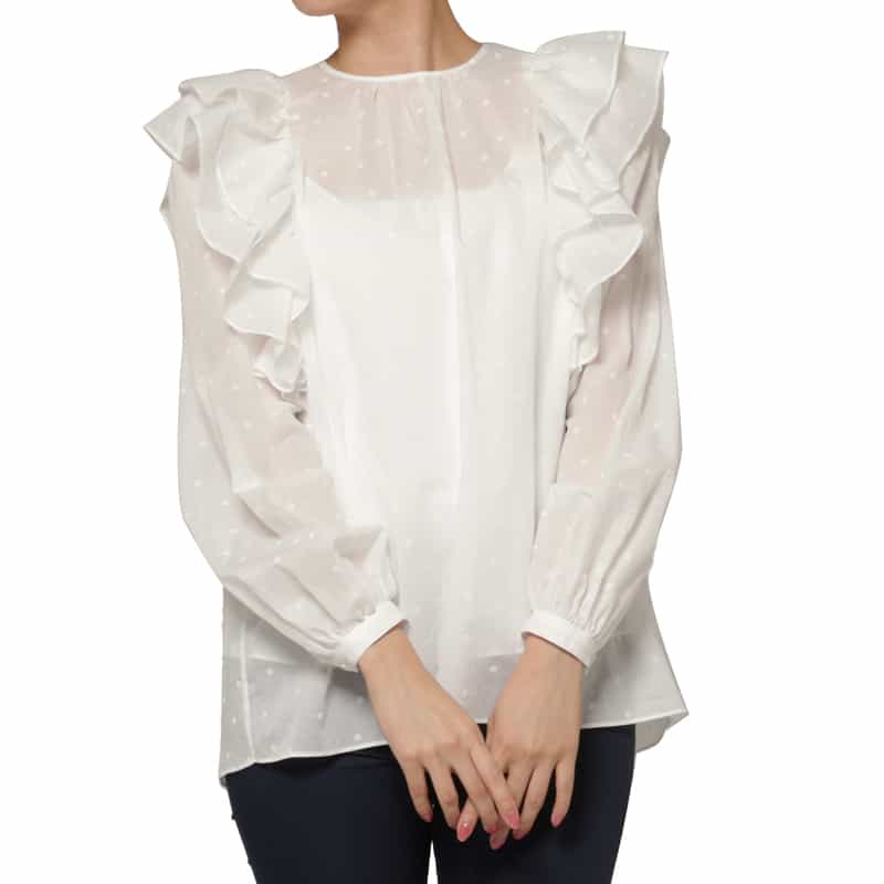 BARNEYS NEW YORK シアー素材 ドット柄フロッキー加工フリルブラウス （インナーキャミソール付き） WHITE
