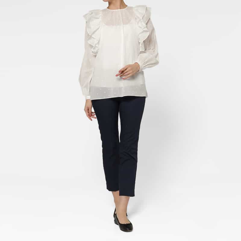 BARNEYS NEW YORK シアー素材 ドット柄フロッキー加工フリルブラウス （インナーキャミソール付き） WHITE