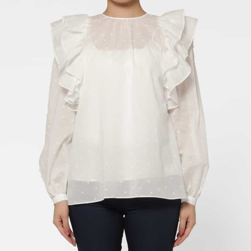 BARNEYS NEW YORK シアー素材 ドット柄フロッキー加工フリルブラウス （インナーキャミソール付き） WHITE