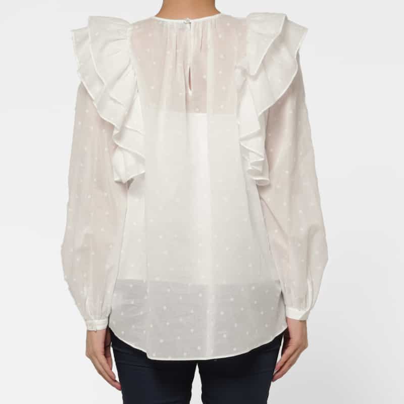 BARNEYS NEW YORK シアー素材 ドット柄フロッキー加工フリルブラウス （インナーキャミソール付き） WHITE