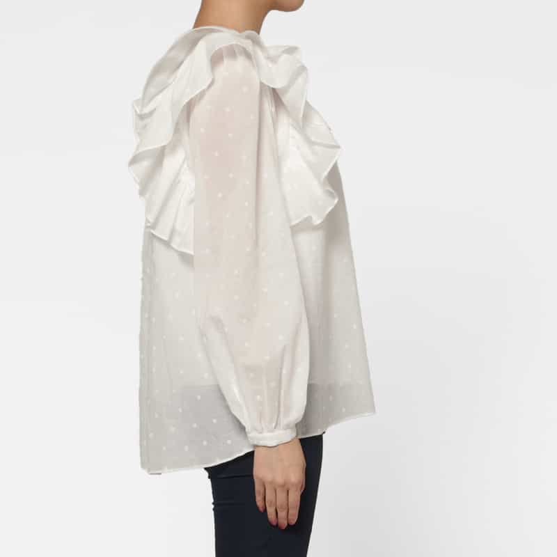 BARNEYS NEW YORK シアー素材 ドット柄フロッキー加工フリルブラウス （インナーキャミソール付き） WHITE