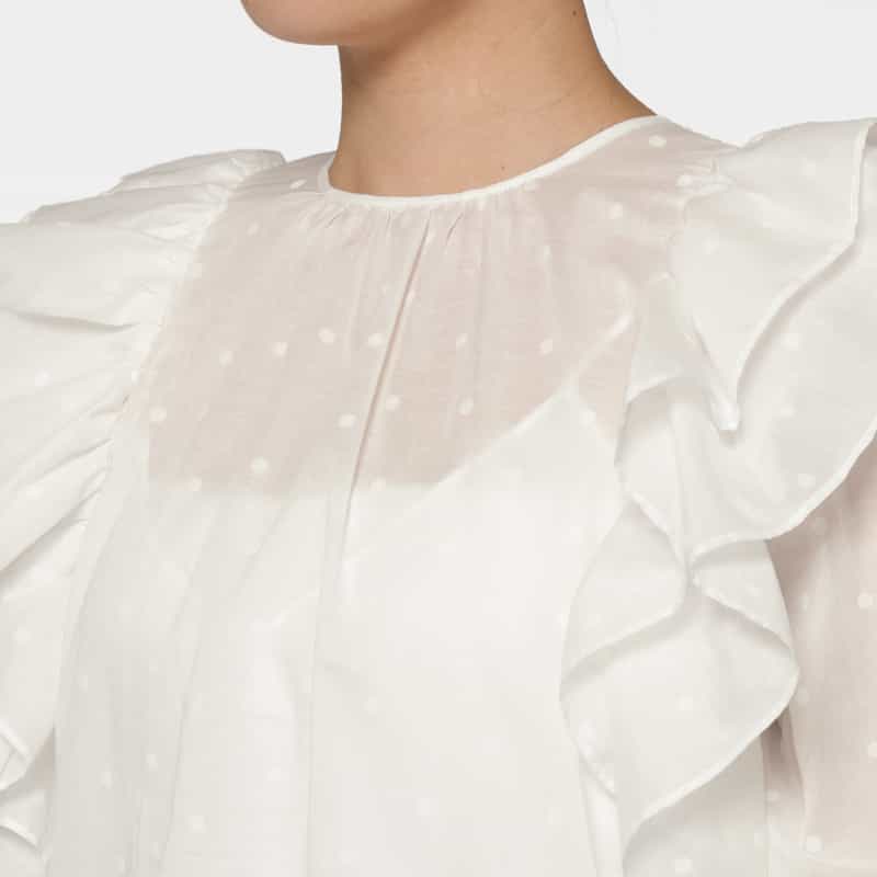 BARNEYS NEW YORK シアー素材 ドット柄フロッキー加工フリルブラウス （インナーキャミソール付き） WHITE