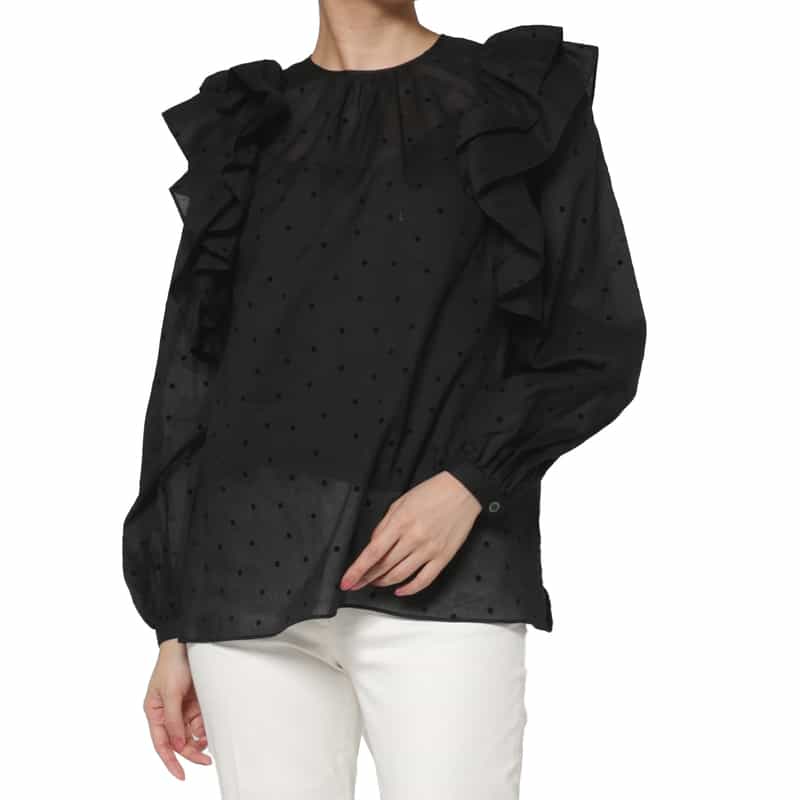 BARNEYS NEW YORK シアー素材 ドット柄フロッキー加工フリルブラウス （インナーキャミソール付き） BLACK