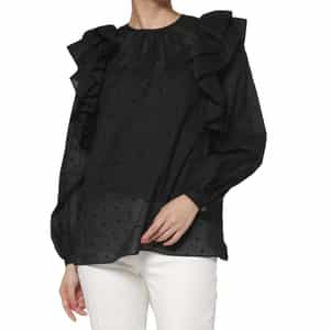 シアー素材 ドット柄フロッキー加工フリルブラウス （インナーキャミソール付き）