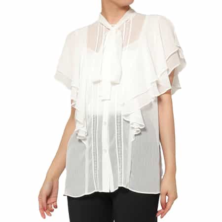 ウォッシャブル 楊柳素材ボウタイブラウス （インナーキャミソール付き）