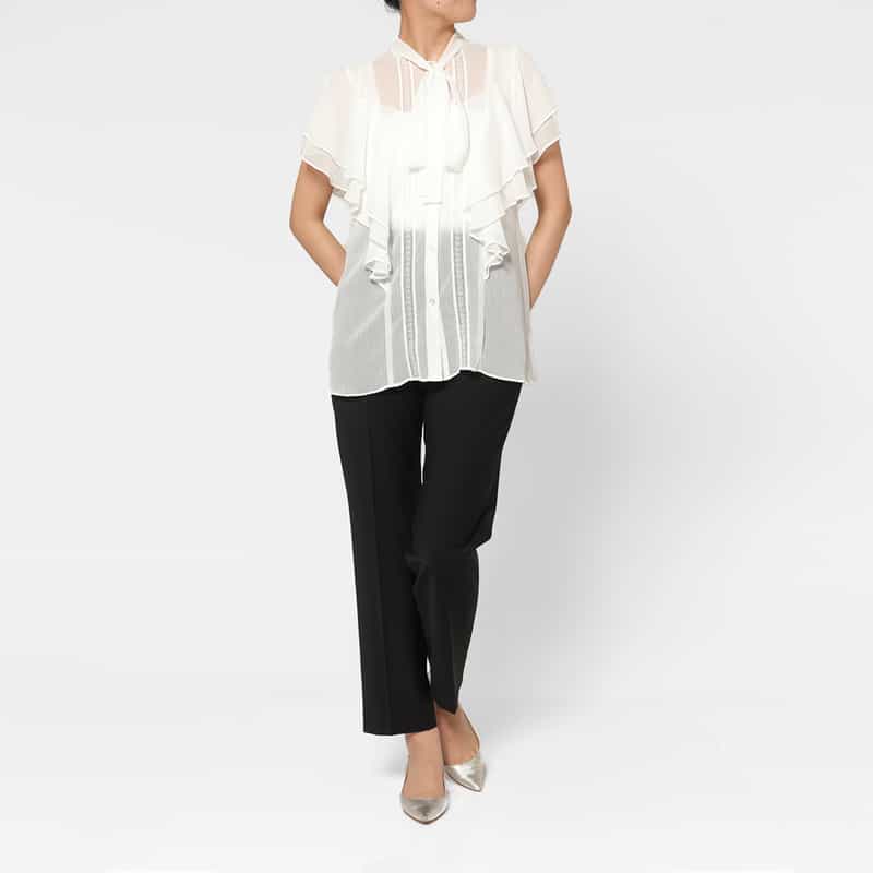 BARNEYS NEW YORK ウォッシャブル 楊柳素材ボウタイブラウス （インナーキャミソール付き） WHITE