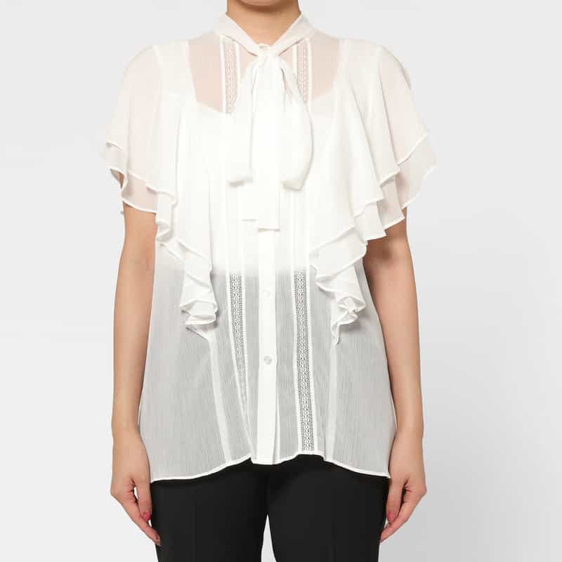 BARNEYS NEW YORK ウォッシャブル 楊柳素材ボウタイブラウス （インナーキャミソール付き） WHITE