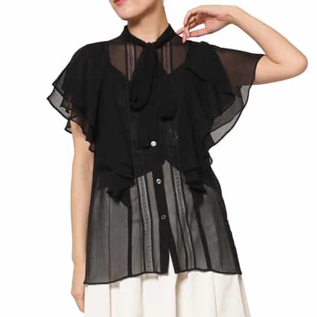 ウォッシャブル 楊柳素材ボウタイブラウス （インナーキャミソール付き）