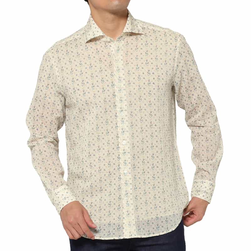 BARNEYS NEW YORK シアサッカー素材フラワー柄カジュアルシャツ WHITE