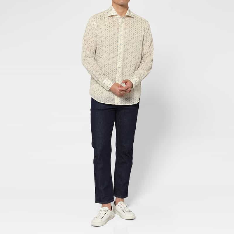 BARNEYS NEW YORK シアサッカー素材フラワー柄カジュアルシャツ WHITE