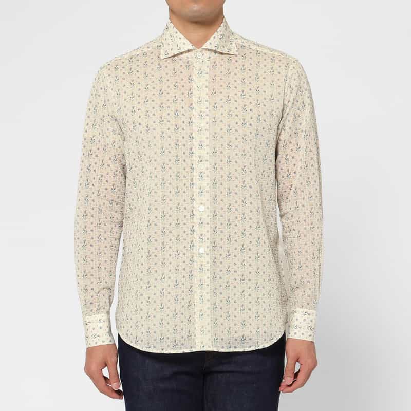 BARNEYS NEW YORK シアサッカー素材フラワー柄カジュアルシャツ WHITE