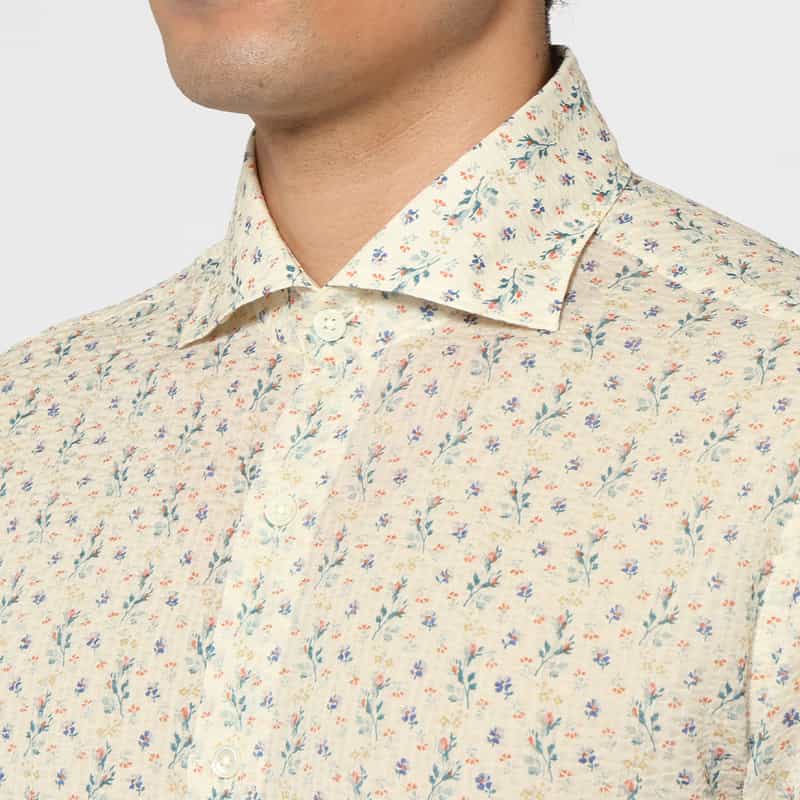 BARNEYS NEW YORK シアサッカー素材フラワー柄カジュアルシャツ WHITE