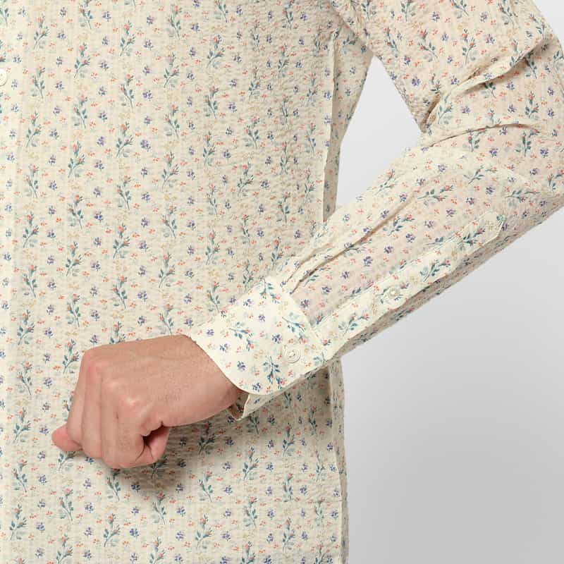 BARNEYS NEW YORK シアサッカー素材フラワー柄カジュアルシャツ WHITE