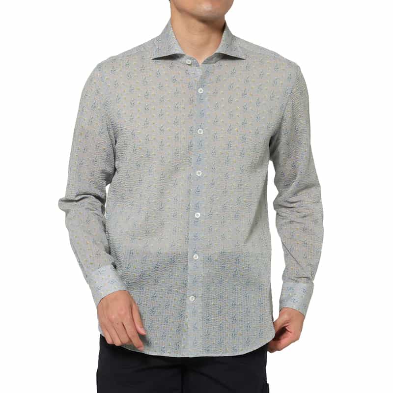 BARNEYS NEW YORK シアサッカー素材フラワー柄カジュアルシャツ BLUE