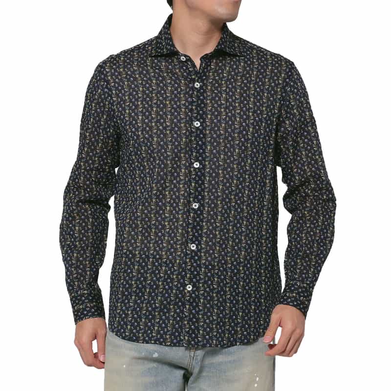 BARNEYS NEW YORK シアサッカー素材フラワー柄カジュアルシャツ NAVY