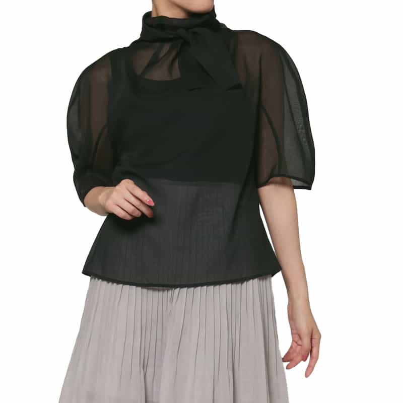AMOMENTO AMOMENTO ＜アモーメント＞ シアー素材ノットデザインブラウス BLACK