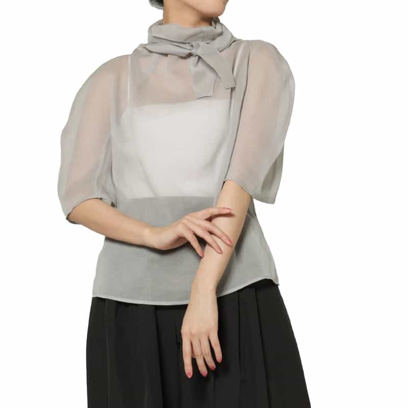 AMOMENTO AMOMENTO ＜アモーメント＞ シアー素材ノットデザインブラウス GRAY