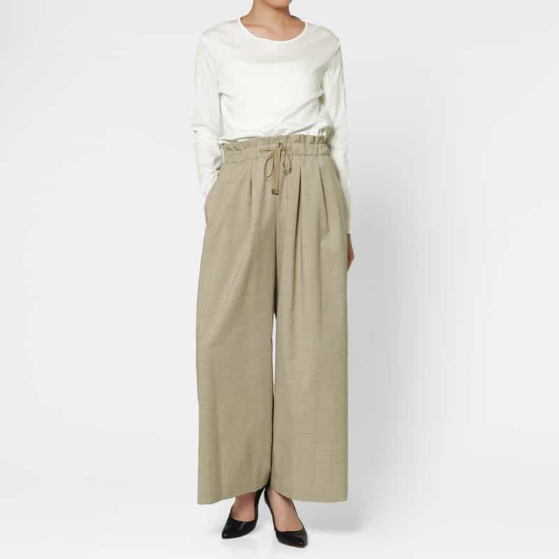 BARNEYS NEW YORK ウォッシャブル リネンライク ドローストリングワイドパンツ BEIGE