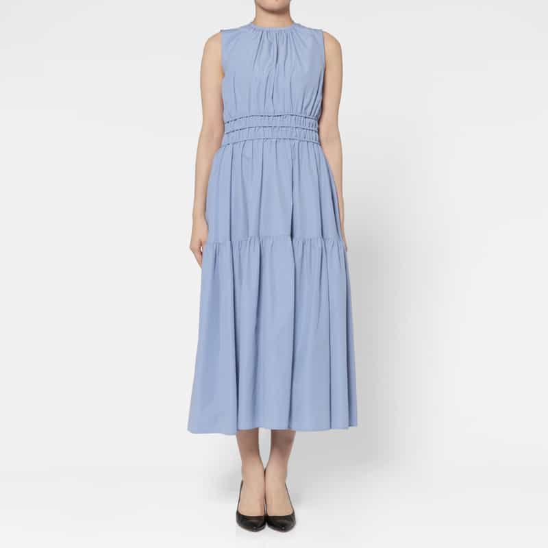 BARNEYS NEW YORK ウォッシャブル タフタギャザーミディドレス LIGHT BLUE
