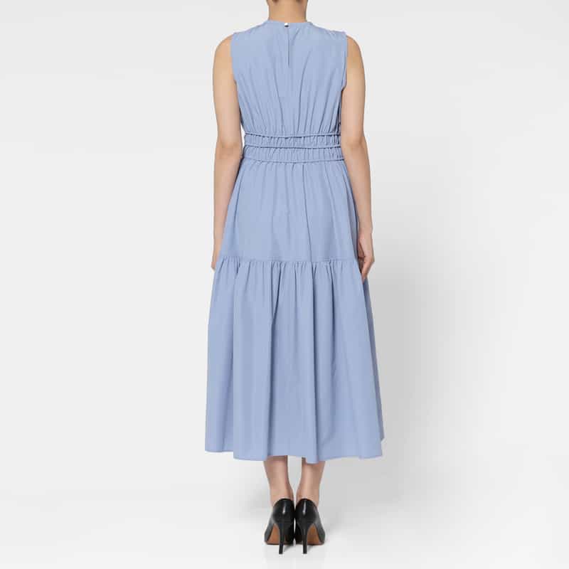 BARNEYS NEW YORK ウォッシャブル タフタギャザーミディドレス LIGHT BLUE