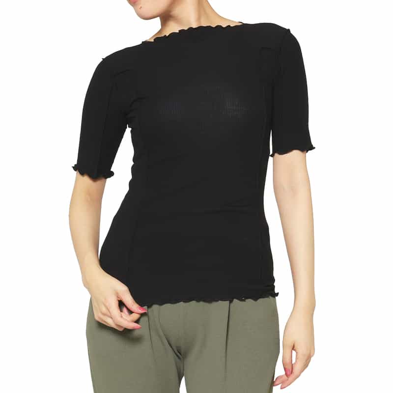 BASERANGE BASERANGE ＜ベースレンジ＞ シアー素材ショートスリーブリブカットソー BLACK