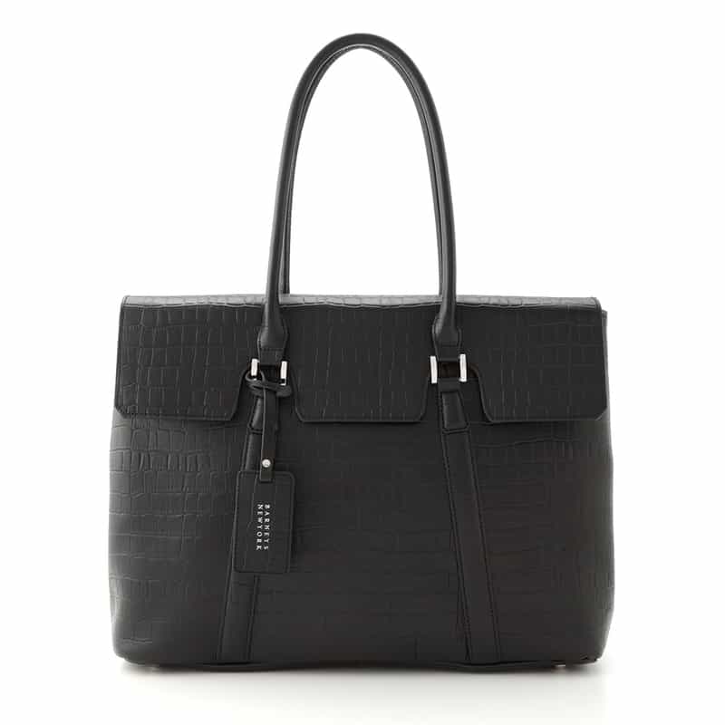 BARNEYS NEW YORK フラップ付きクロコ型押しトートバッグ BLACK