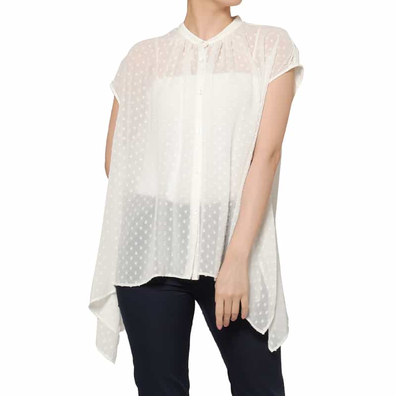 BARNEYS NEW YORK ウォッシャブル ドット柄ジャカードシアーブラウス WHITE