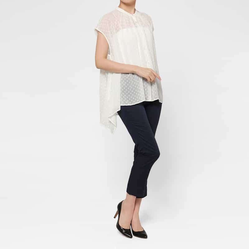 BARNEYS NEW YORK ウォッシャブル ドット柄ジャカードシアーブラウス WHITE