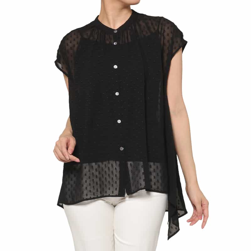 BARNEYS NEW YORK ウォッシャブル ドット柄ジャカードシアーブラウス BLACK