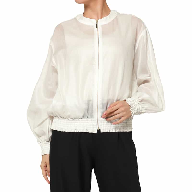 BARNEYS NEW YORK ウォッシャブル オーガンジー素材ジップアップブルゾン WHITE