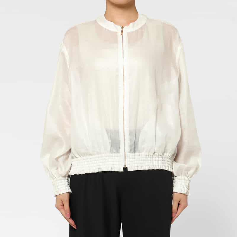 BARNEYS NEW YORK ウォッシャブル オーガンジー素材ジップアップブルゾン WHITE