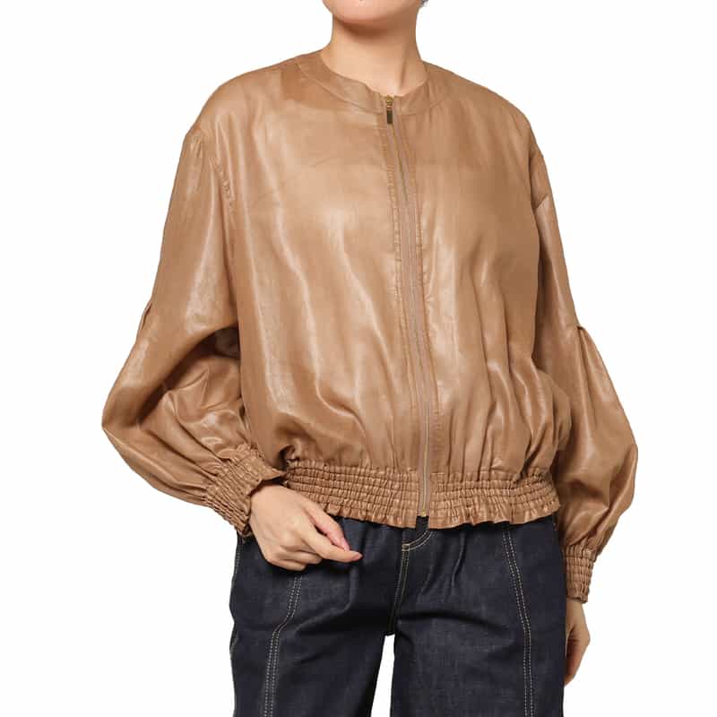 BARNEYS NEW YORK ウォッシャブル オーガンジー素材ジップアップブルゾン BROWN