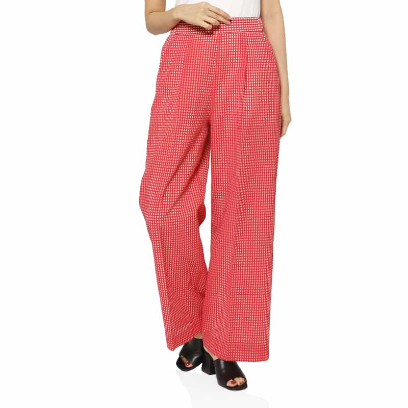 BARNEYS NEW YORK セットアップ ウォッシャブル ギンガムチェック柄ワイドタックパンツ RED