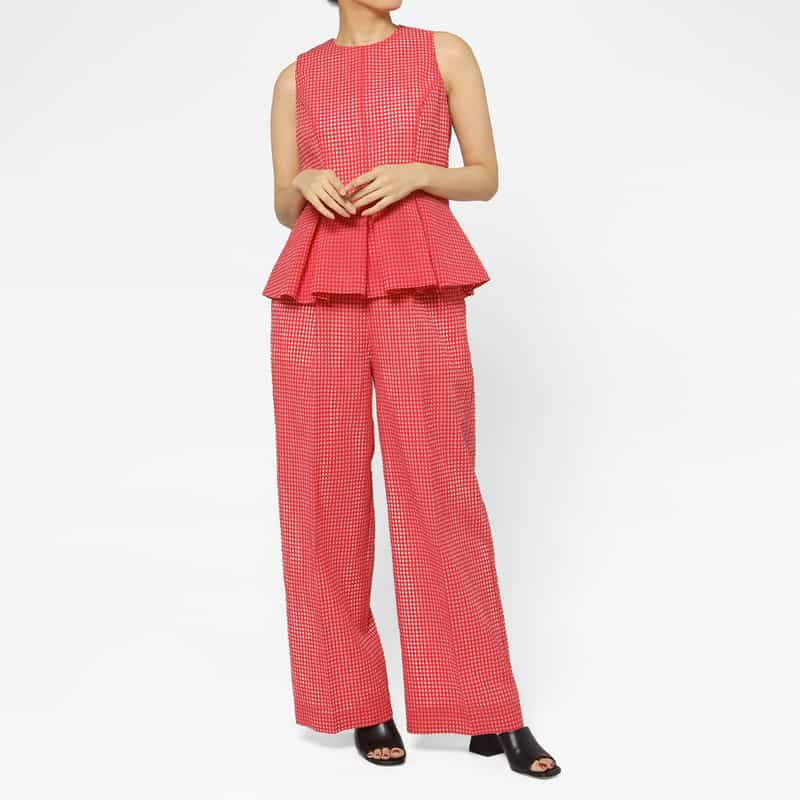 BARNEYS NEW YORK セットアップ ウォッシャブル ギンガムチェック柄ワイドタックパンツ RED