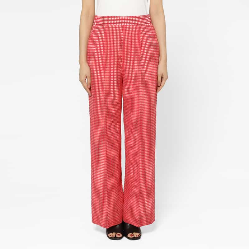 BARNEYS NEW YORK セットアップ ウォッシャブル ギンガムチェック柄ワイドタックパンツ RED