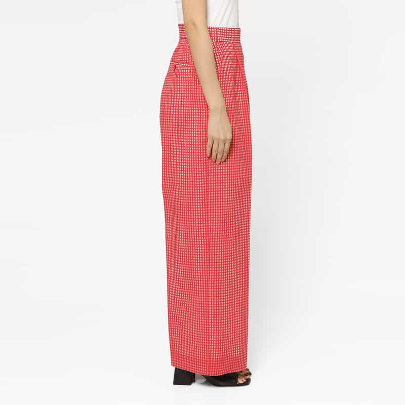 BARNEYS NEW YORK セットアップ ウォッシャブル ギンガムチェック柄ワイドタックパンツ RED