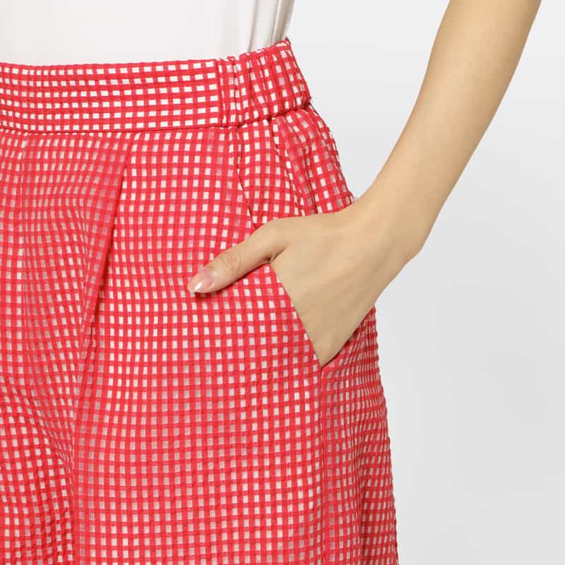 BARNEYS NEW YORK セットアップ ウォッシャブル ギンガムチェック柄ワイドタックパンツ RED