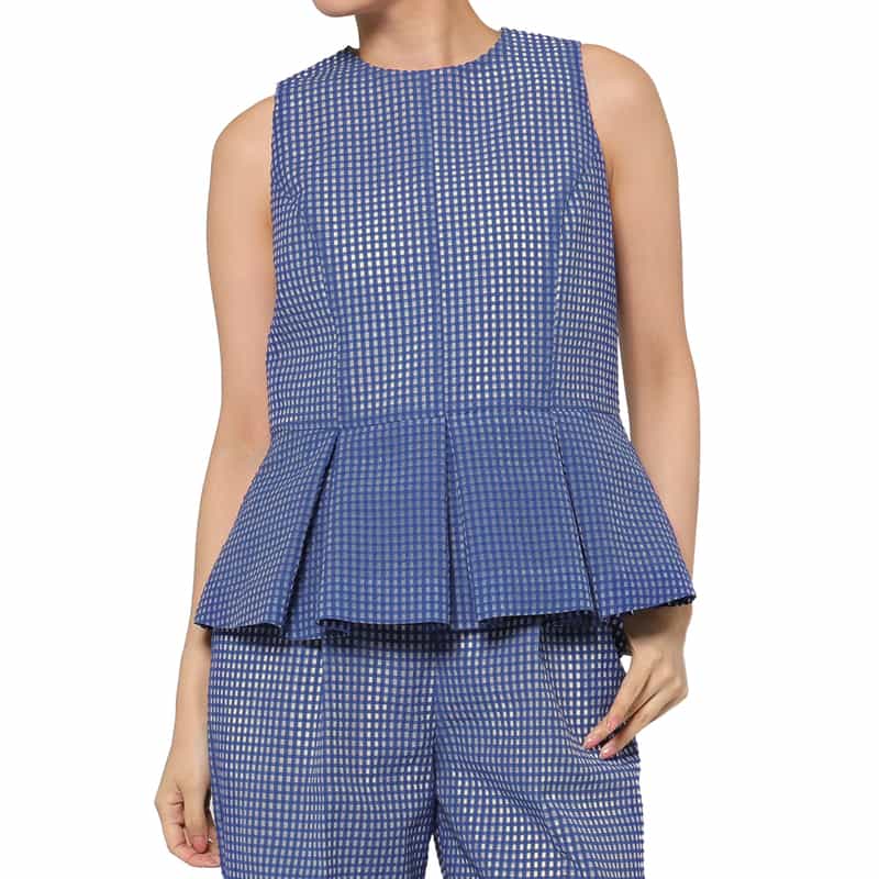 BARNEYS NEW YORK セットアップ ウォッシャブル ギンガムチェック柄ペプラムブラウス BLUE