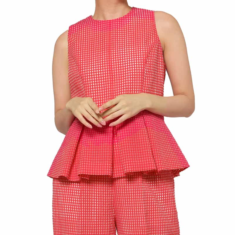 BARNEYS NEW YORK セットアップ ウォッシャブル ギンガムチェック柄ペプラムブラウス RED