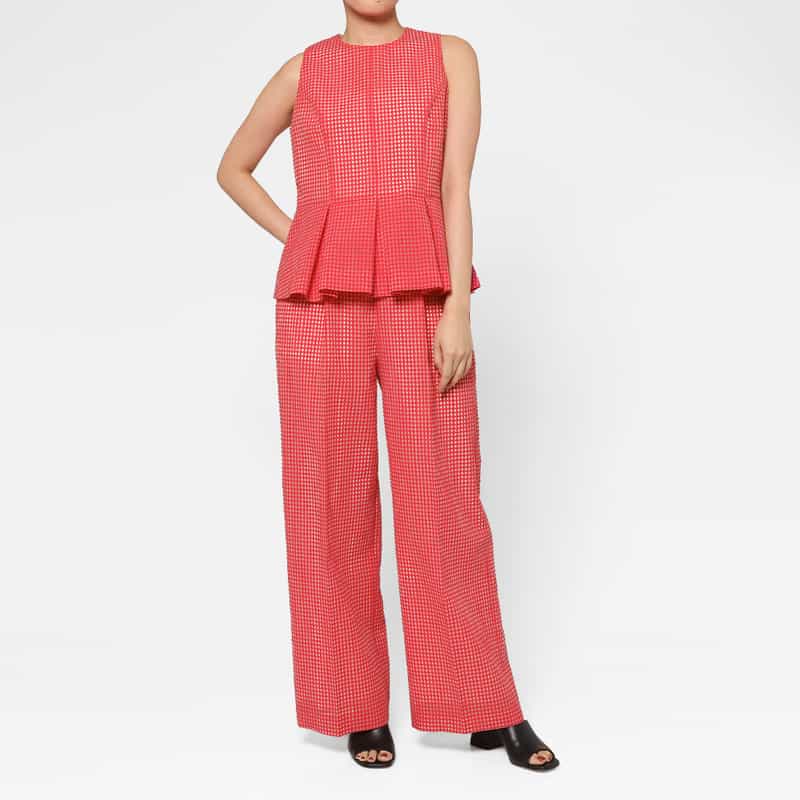 BARNEYS NEW YORK セットアップ ウォッシャブル ギンガムチェック柄ペプラムブラウス RED