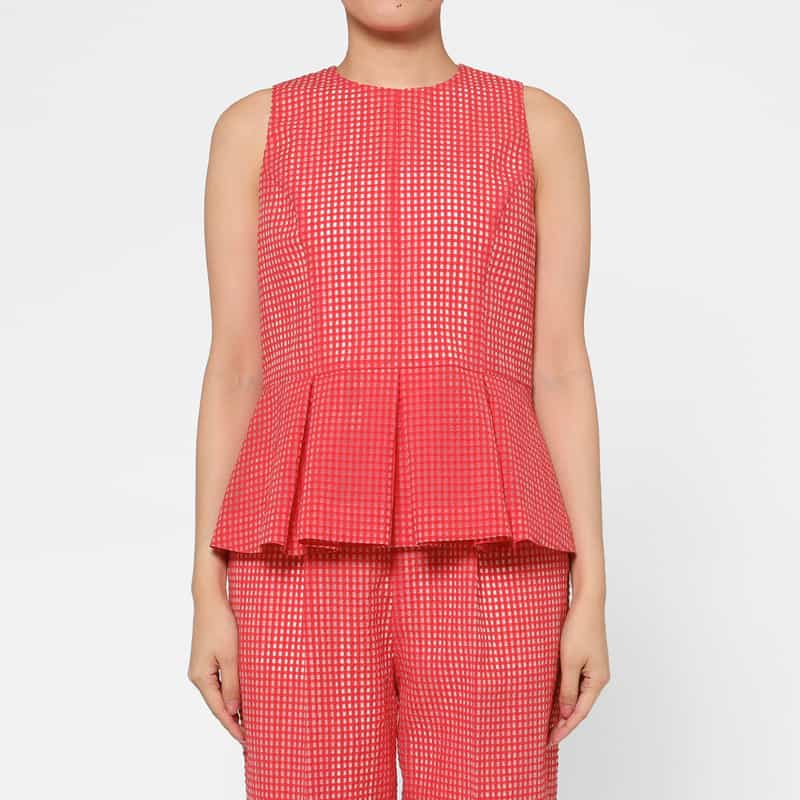 BARNEYS NEW YORK セットアップ ウォッシャブル ギンガムチェック柄ペプラムブラウス RED