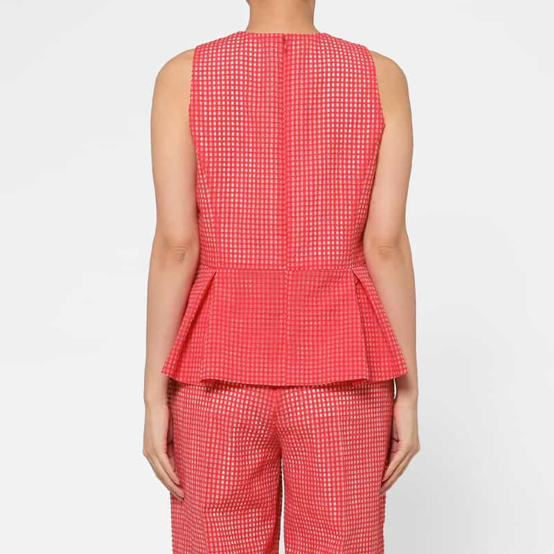 BARNEYS NEW YORK セットアップ ウォッシャブル ギンガムチェック柄ペプラムブラウス RED