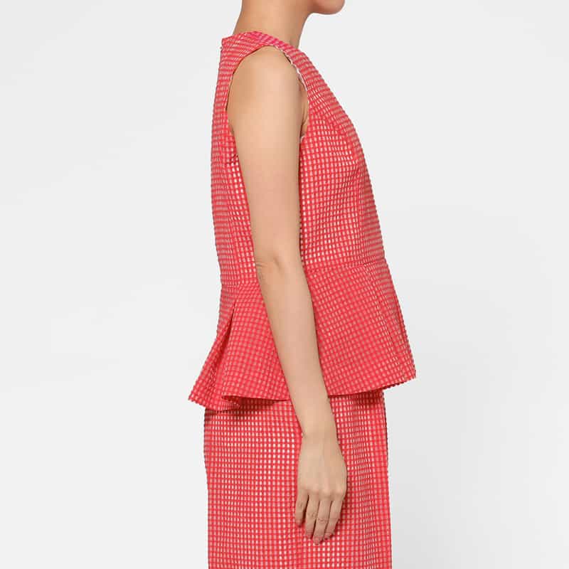 BARNEYS NEW YORK セットアップ ウォッシャブル ギンガムチェック柄ペプラムブラウス RED