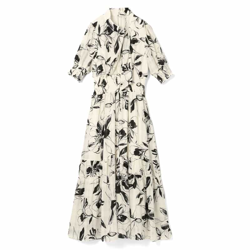 BARNEYS NEW YORK ウォッシャブル フラワープリント フロントツイストフレアドレス WHITE