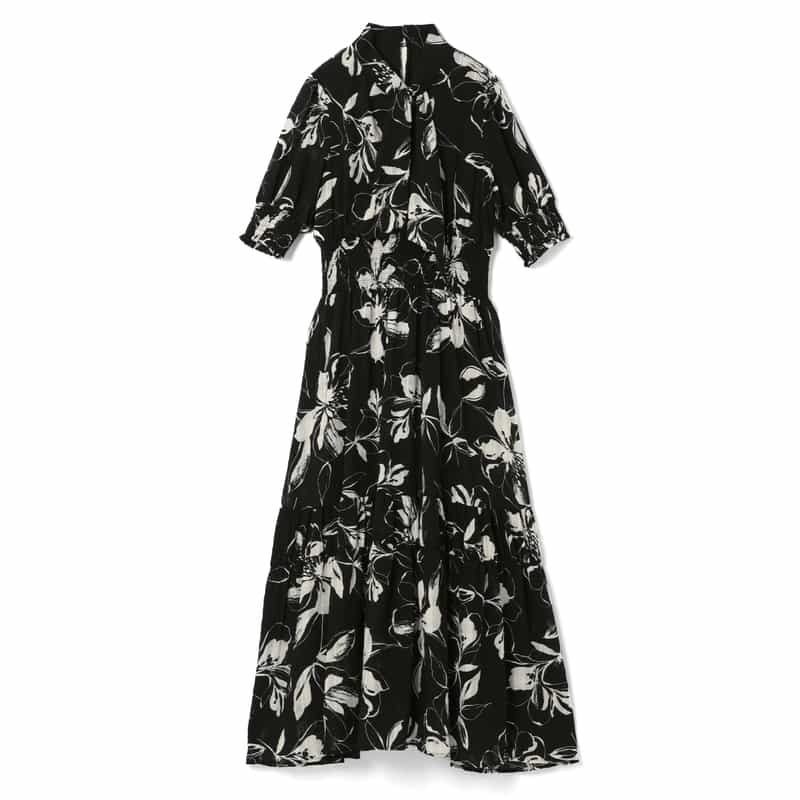 BARNEYS NEW YORK ウォッシャブル フラワープリント フロントツイストフレアドレス BLACK