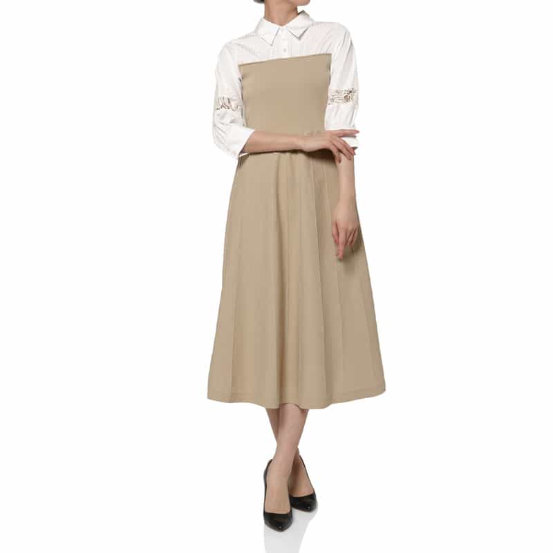 BARNEYS NEW YORK ウォッシャブル エンブロイダリースリーブ 切替ニットドレス BEIGE